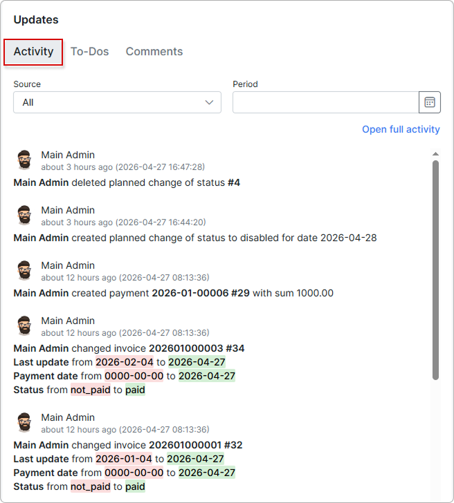 Activity tab with filters and list of account changes