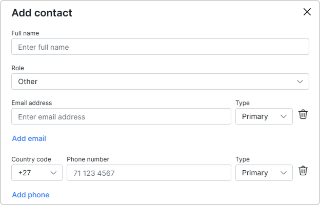 Add contact form with full name, role, email, and phone fields