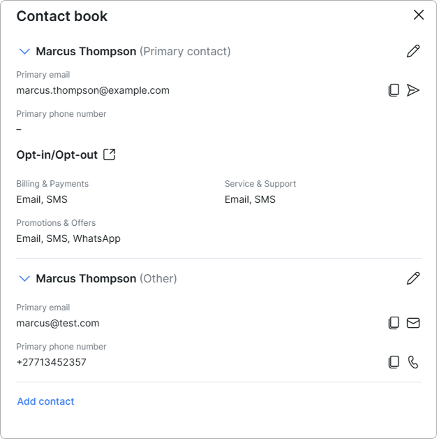 Contact book panel listing the primary and additional contacts