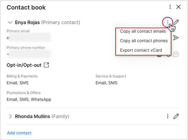 Contact book actions menu with Copy all contact emails, Copy all contact phones, and Export contact vCard options