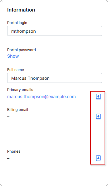 Information tab with the contact book icon next to the Primary emails field