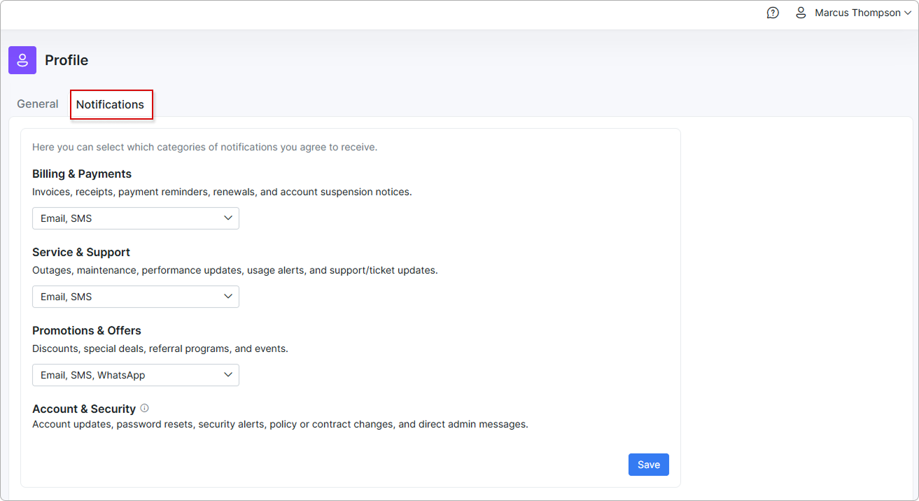 Communication preferences (opt-in/opt-out) on the customer portal
