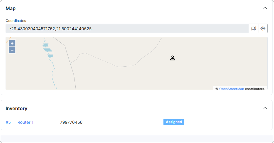 Customer information tab with the Map and Inventory sections