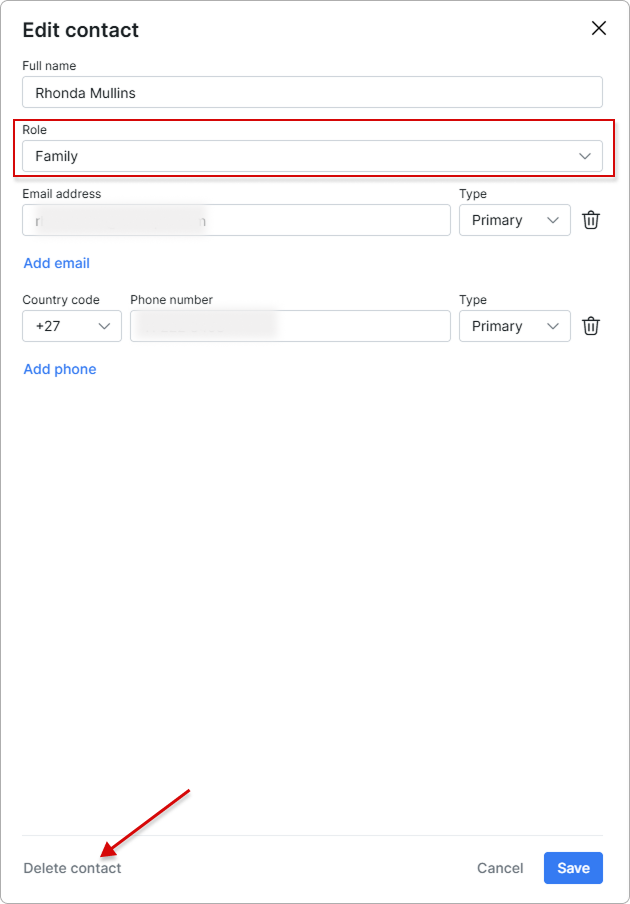 Edit contact dialog with Full name, Role, Email address, and Phone number fields and the Delete contact link