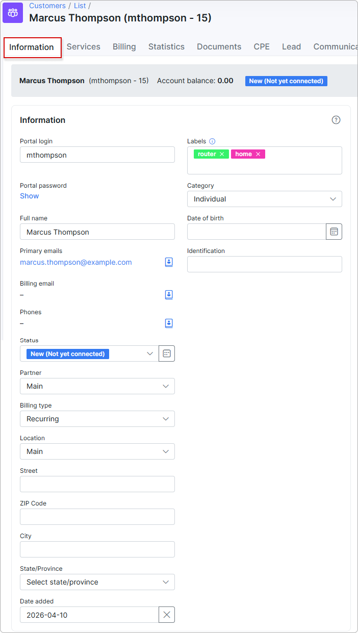 Information section with customer account, contact, and billing fields