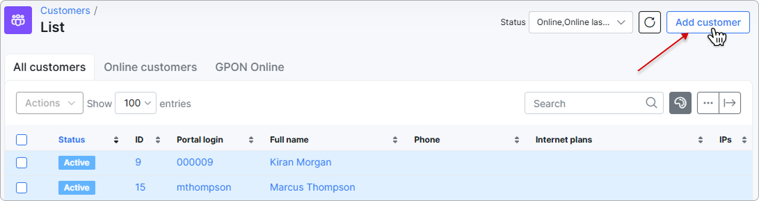Add customer button at the top of the customer list