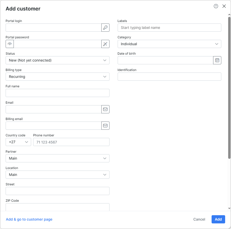 Form for adding a new customer