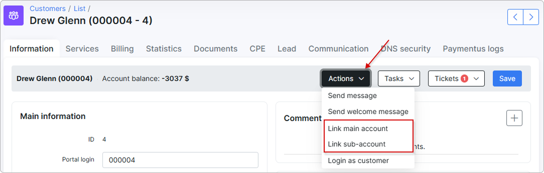 Linking buttons under the Actions menu