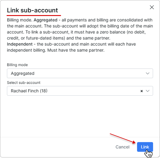 Linking sub-account window