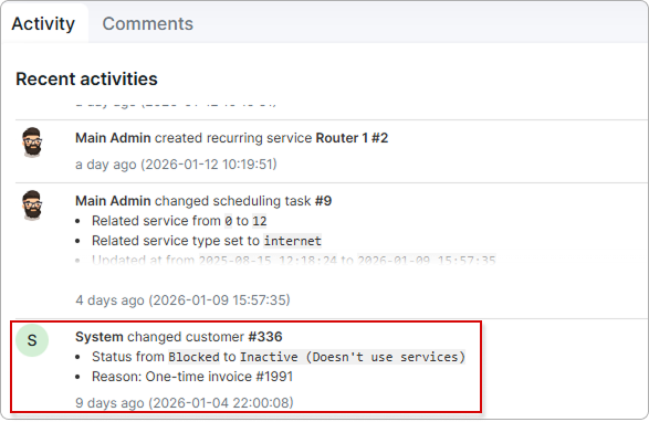 Deactivation reason under the activity section