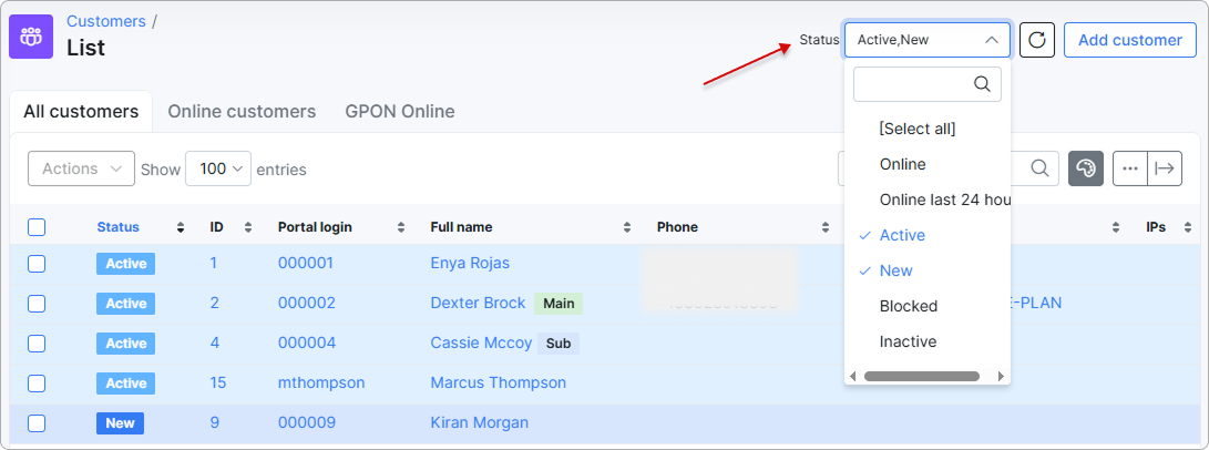 Status filter
