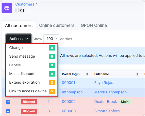 Mass actions dropdown on the Customers list