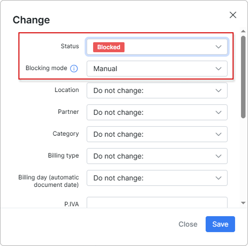 Change form with the Blocking mode field shown under the Blocked status