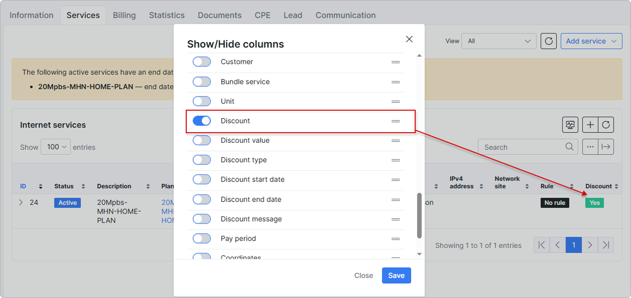 Show/Hide columns dialog with the discount columns of the services table