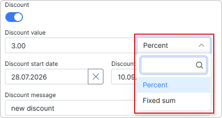 Percent and Fixed sum options of the Discount value selector