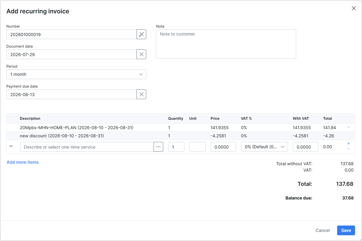 Recurring invoice with a service line and a negative discount line