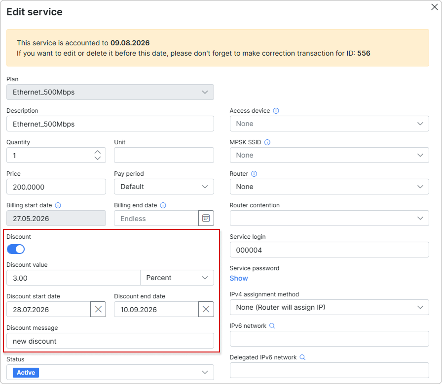 Discount fields in the Edit service window