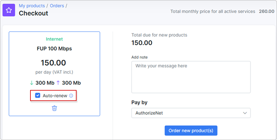 Checkout page with the Auto-renew checkbox on a service card