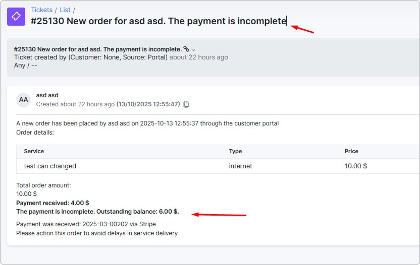 Incomplete payment notification within the ticket