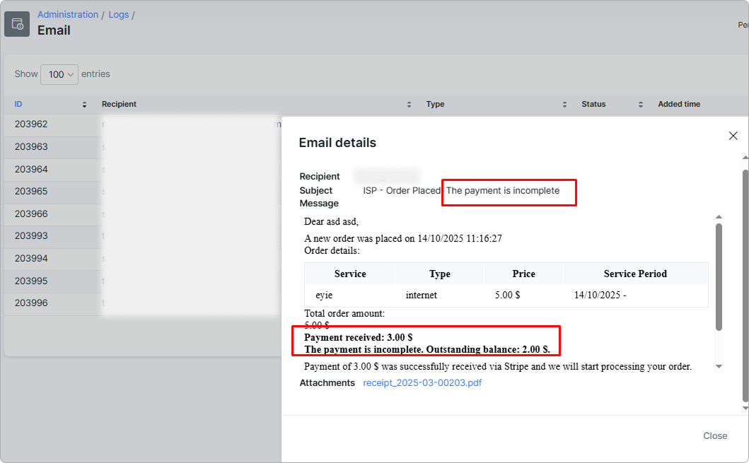 Incomplete payment notification in email logs