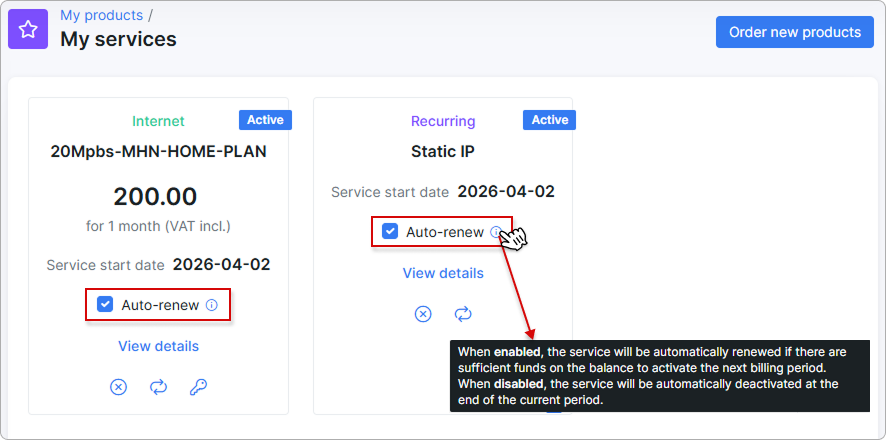 My Services page with the Auto-renew checkbox visible on Internet and Recurring service cards