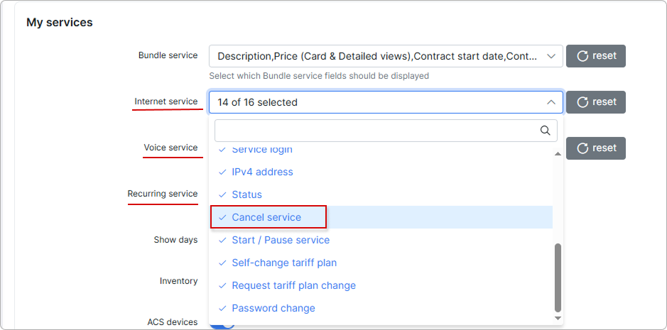 Cancel service option