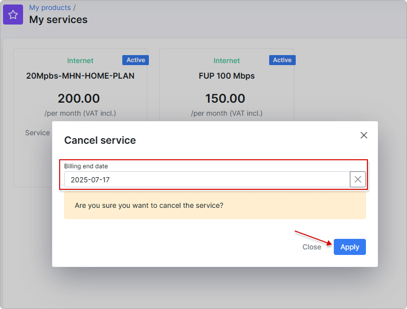 Choosing Billing end date for the service cancellation