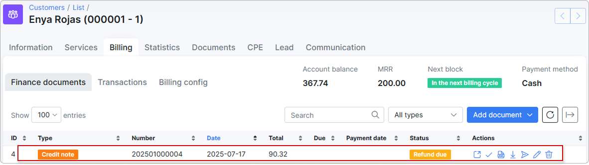 Credit note after service cancellation