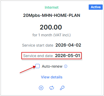 Auto-renew option is disabled on the service card