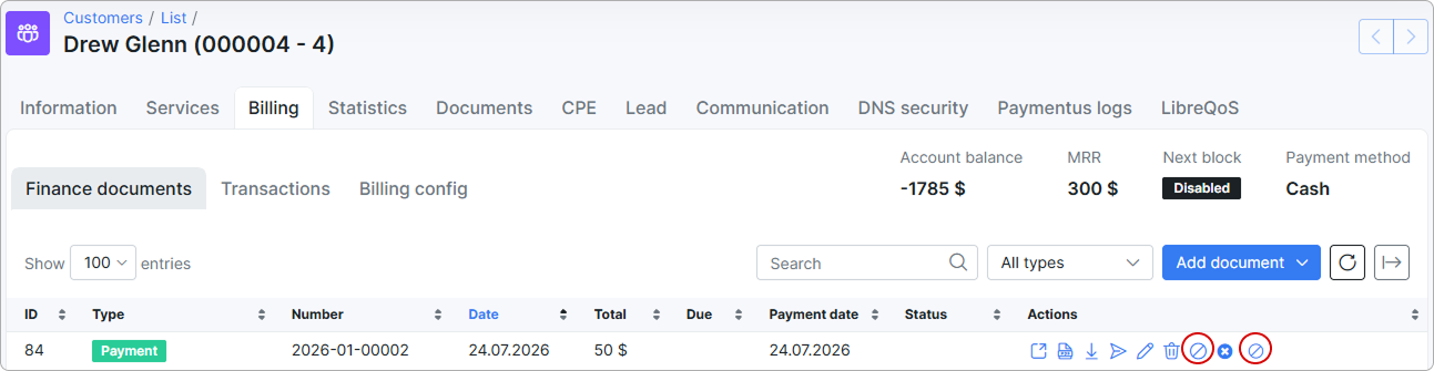Void and Void by Paymentus icons in the customer's Finance documents list