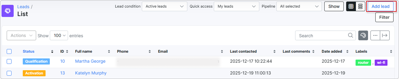 Add lead button at the top right of the lead list