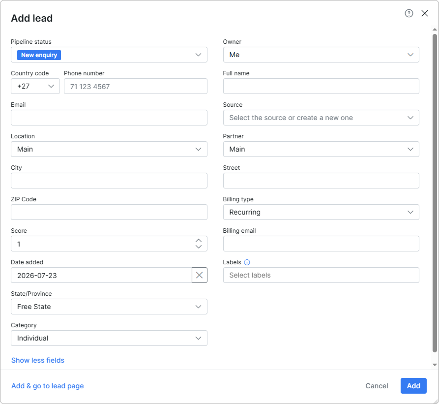 Add lead modal with lead detail fields