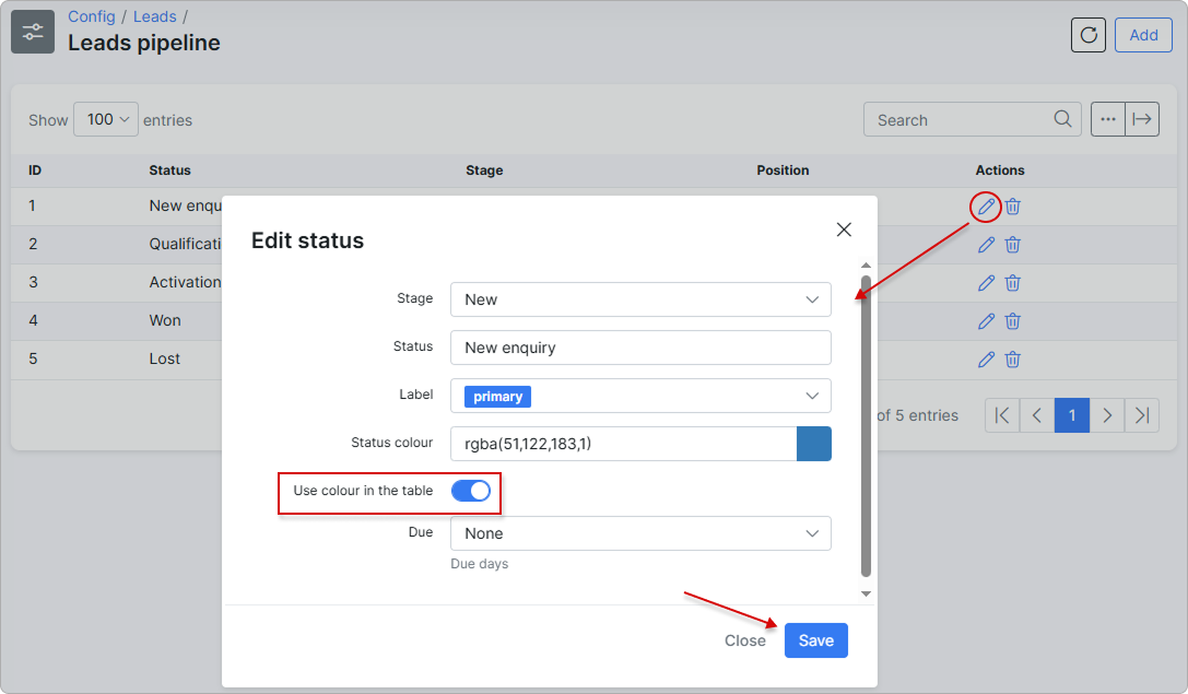 Toggle for the status color when editing a leads status