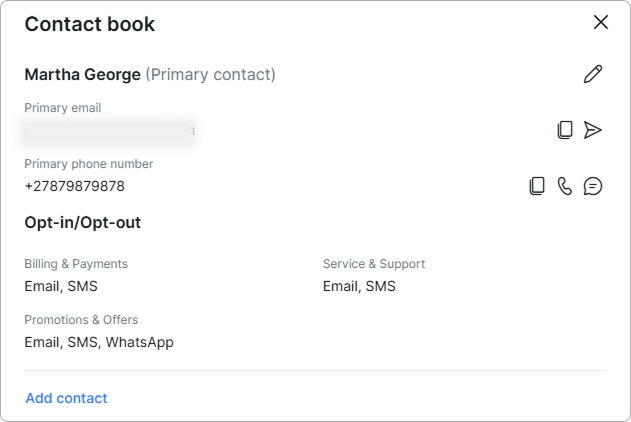 Contact book panel for the lead