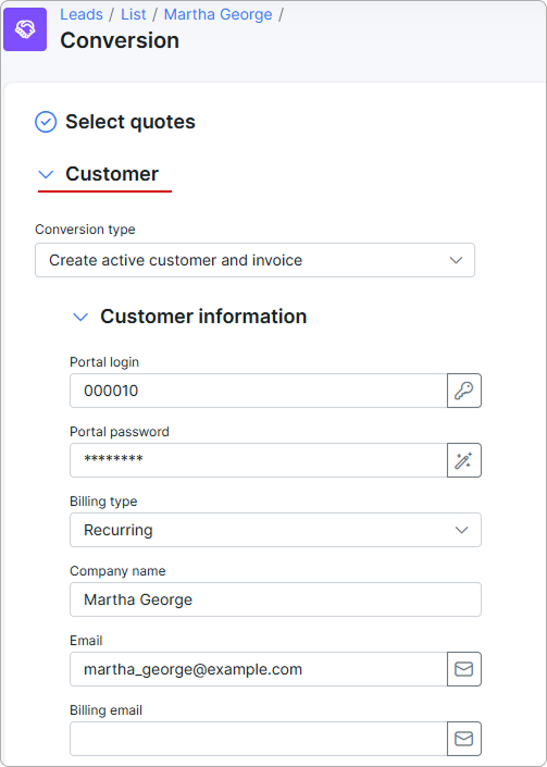 Conversion — Customer information block