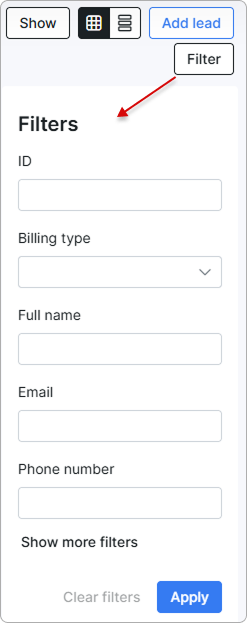 Filter button with expanded interface and the Apply button at the bottom