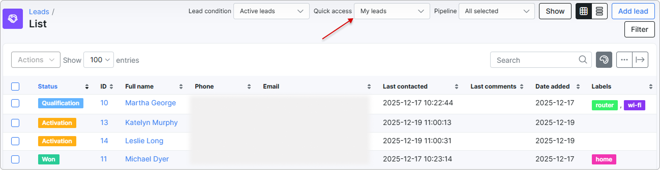 List of leads with filters