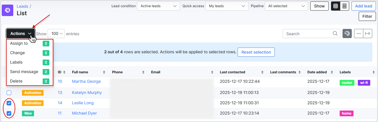 Mass actions button with expanded options