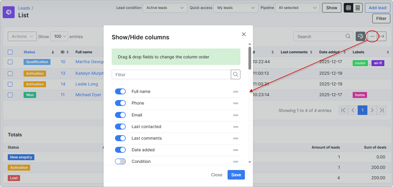List of columns with toggles