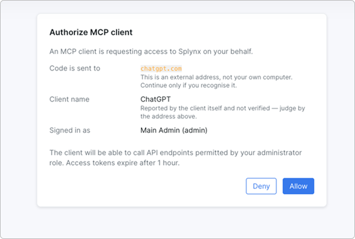 The Splynx «Authorize MCP client» screen showing the redirect address, the client name and the signed-in admin