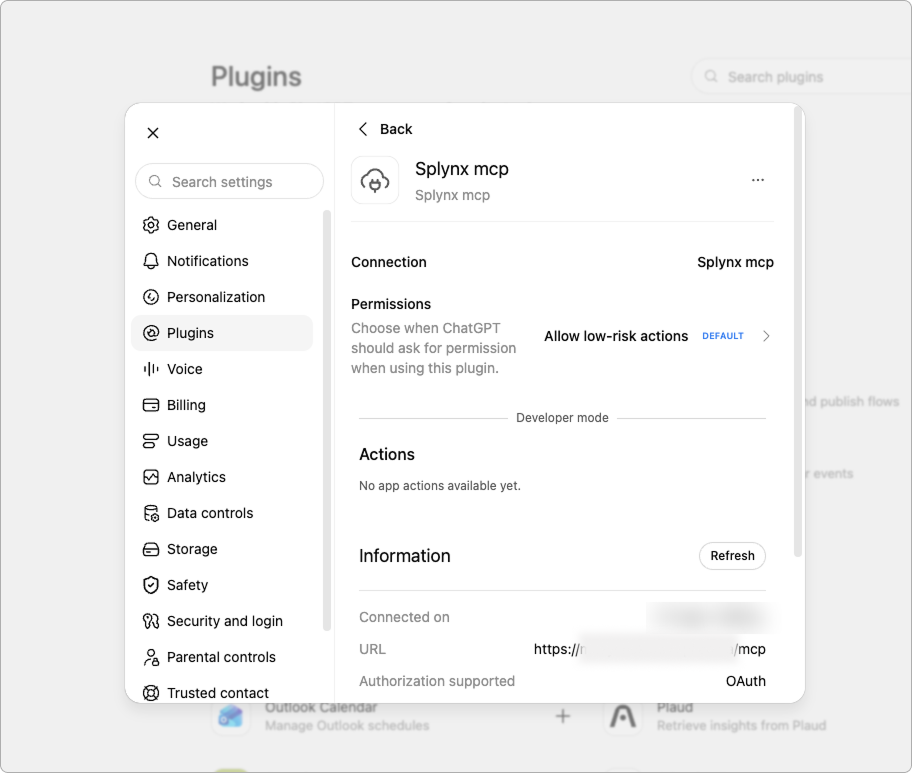 The connected plugin card: Connected on, the /mcp URL, Authorization supported — OAuth