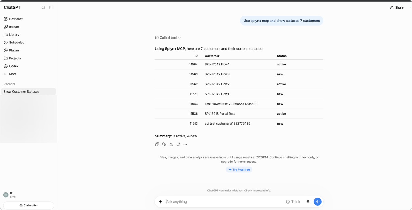 The request «Use splynx mcp and show statuses 7 customers» — ChatGPT calls the tool and returns a table of statuses