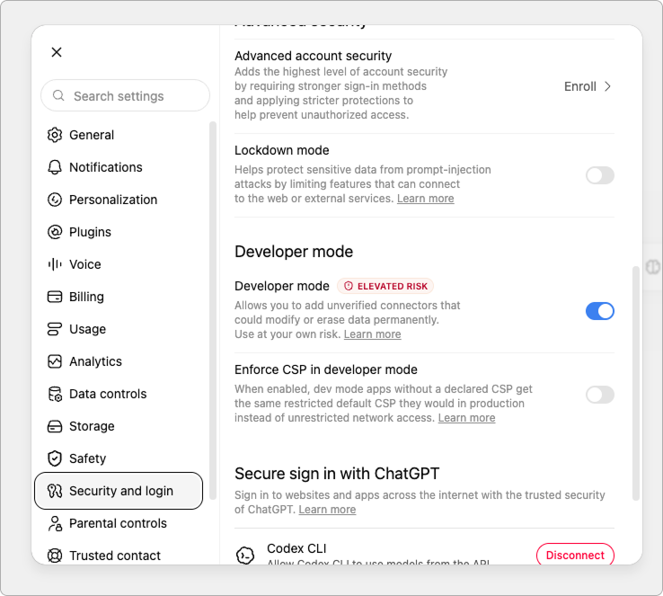 The Developer mode toggle in ChatGPT settings, with «Enforce CSP in developer mode» left off