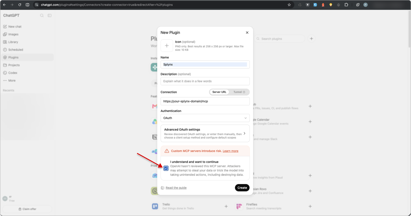 The filled-in «New Plugin» form: a Server URL ending in /mcp, Authentication set to OAuth, confirmation ticked