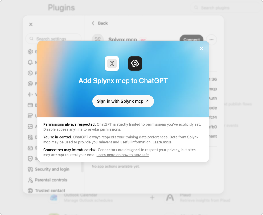 The ChatGPT dialog with the «Sign in with Splynx mcp» button
