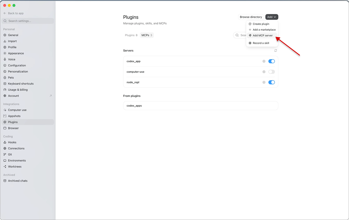 The MCPs tab and the «Add» menu with «Add MCP server»