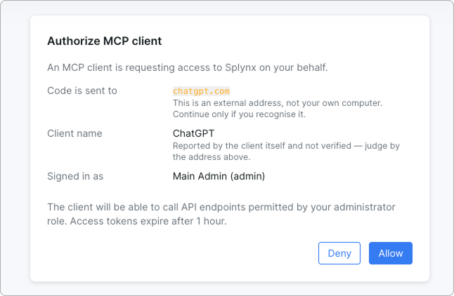 The Splynx «Authorize MCP client» consent screen, the same one the web connector uses