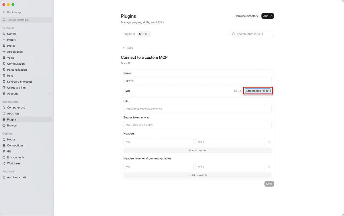 The «Connect to a custom MCP» form with Type switched to Streamable HTTP