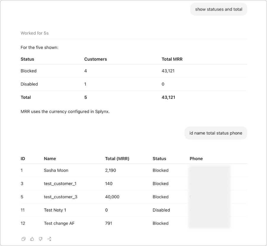 Codex pulls statuses, MRR and customer contacts — several follow-ups in the same session