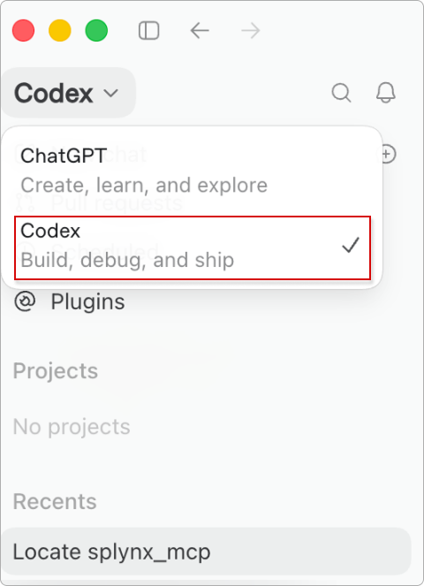 The ChatGPT / Codex mode switcher — MCP servers live in Codex